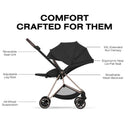 Cybex Mios stroller with a rose gold frame and sepia black lux seat, featuring a large sun canopy and adjustable leg rest.