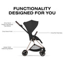 Cybex Mios Stroller features a rose gold frame with a sepia black lux seat, highlighting its adjustable handlebars, one-pull harness, and large matching basket.