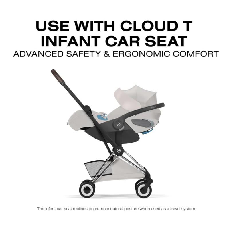 Cybex Platinum Coya stroller featuring a chrome frame and City Grey lux seat, designed for use with the Cloud T infant car seat.