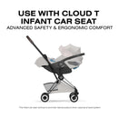 Cybex Platinum Coya stroller featuring a chrome frame and City Grey lux seat, designed for use with the Cloud T infant car seat.