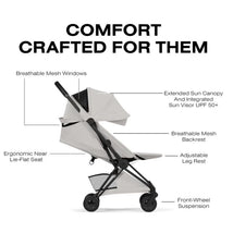 Cybex Platinum Coya stroller in matte black frame with a city grey lux seat, featuring breathable mesh, sun canopy, and adjustable leg rest.
