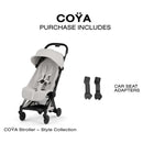 Cybex Platinum Coya stroller in City Grey with black frame, includes two car seat adapters.