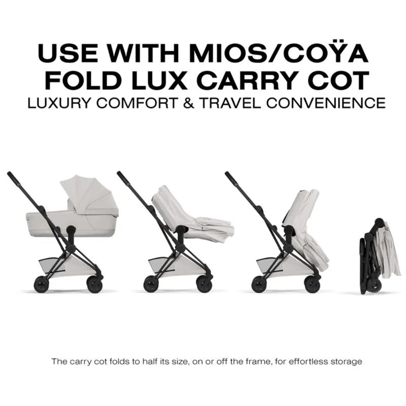 Cybex Platinum Coya stroller with a matte black frame and a city grey lux seat, showcasing its folding capability for easy storage.