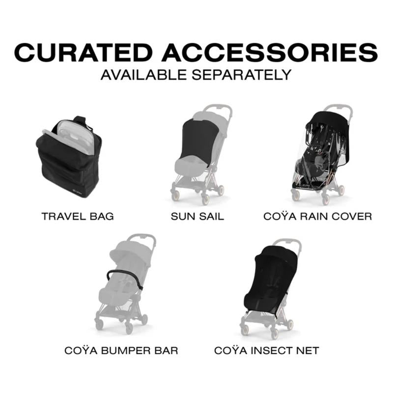 Cybex Platinum Coya Stroller accessories: travel bag, sun sail, rain cover, bumper bar, and insect net, labeled separately.