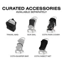 Cybex Platinum Coya Stroller accessories: travel bag, sun sail, rain cover, bumper bar, and insect net, labeled separately.