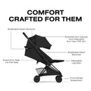 Cybex Platinum Coya Stroller in matte black with sepia black lux seat; features ergonomic seat, breathable mesh, and sun canopy.