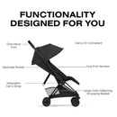 Cybex Platinum Coya stroller in matte black, featuring a sepia black lux seat with text highlighting its functional features.