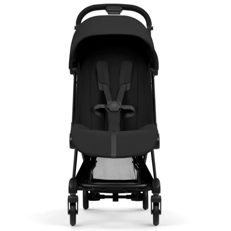 Cybex Platinum Coya Stroller in matte black frame with sepia black lux seat, featuring a safety harness and a mesh storage compartment.