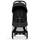 Cybex Platinum Coya Stroller in matte black frame with sepia black lux seat, featuring a safety harness and a mesh storage compartment.
