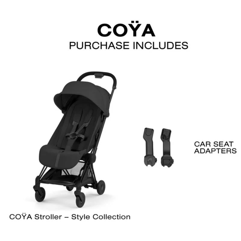 Cybex Platinum Coya stroller in matte black with sepia black seat includes car seat adapters.