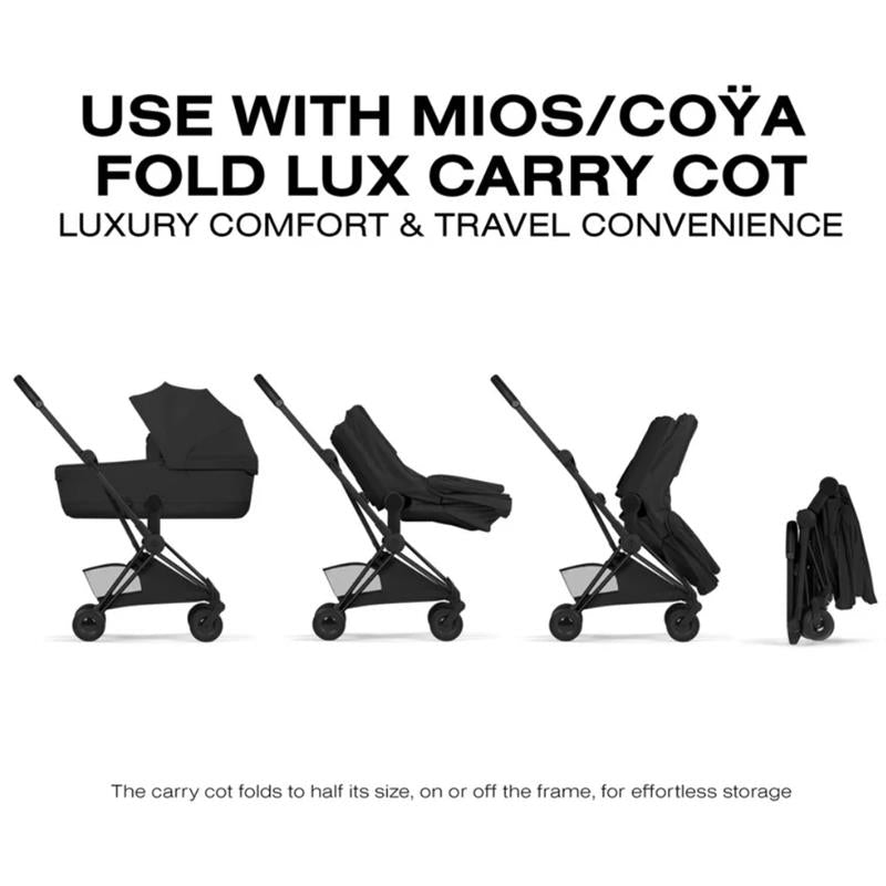 Cybex Platinum Coya stroller in matte black with a sepia black lux seat, shown in various positions for convenience.