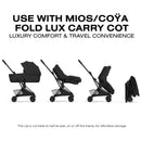 Cybex Platinum Coya stroller in matte black with a sepia black lux seat, shown in various positions for convenience.