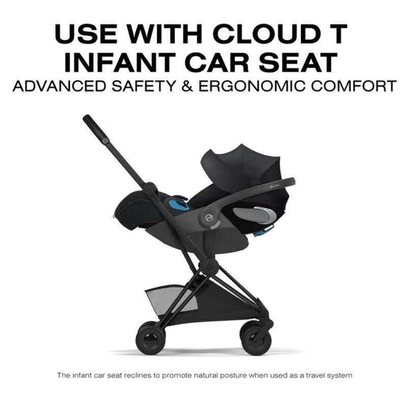 Cybex Platinum Coya stroller featuring a matte black frame and sepia black lux seat, designed for use with Cloud T infant car seat.