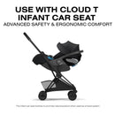 Cybex Platinum Coya stroller featuring a matte black frame and sepia black lux seat, designed for use with Cloud T infant car seat.