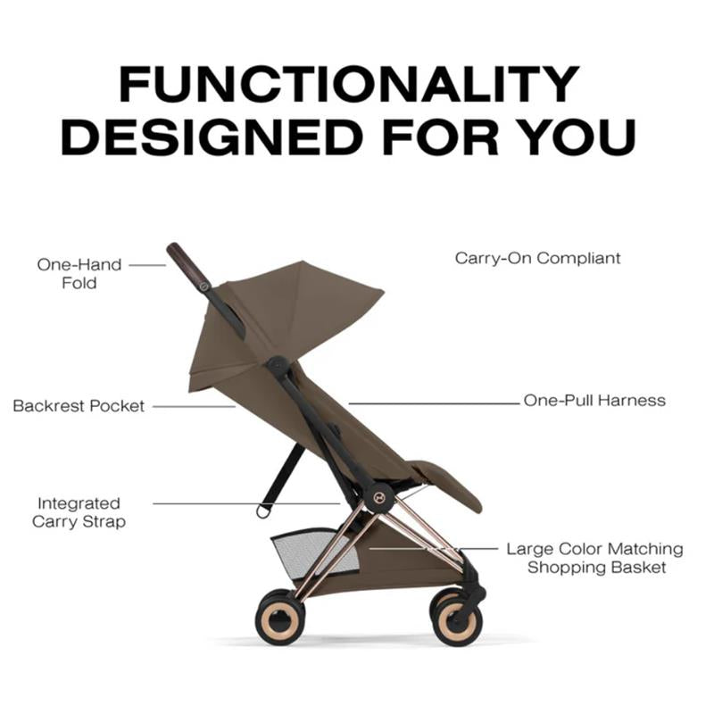 Cybex Platinum Coya stroller in rose gold with a coconut brown seat, highlighting features like one-hand fold and backrest pocket.