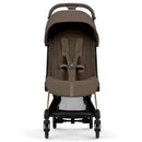 Cybex Platinum Coya stroller with a rose gold frame and coconut brown seat, featuring a padded design and adjustable harness.