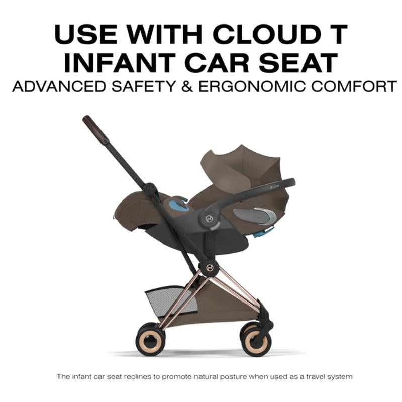 Cybex Platinum Coya stroller with rose gold frame and coconut brown seat, designed for use with Cloud T infant car seat.