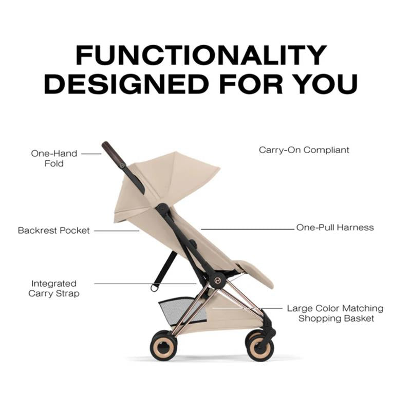 Cybex Platinum Coya Stroller in Rose Gold with Cozy Beige seat, featuring one-hand fold, carry strap, and backrest pocket.