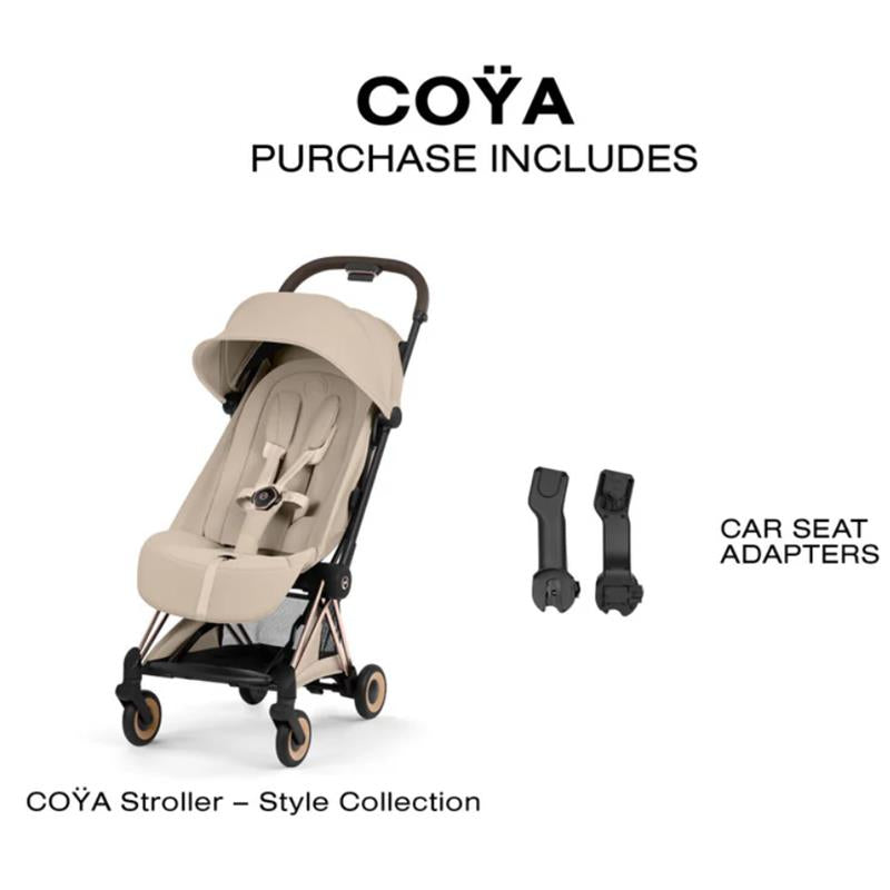 Cybex Platinum Coya stroller in cozy beige with rose gold frame, includes car seat adapters.