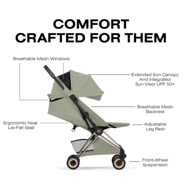 Cybex Platinum Coya Stroller in sage green with a rose gold frame, featuring ergonomic design, mesh windows, and sun canopy.