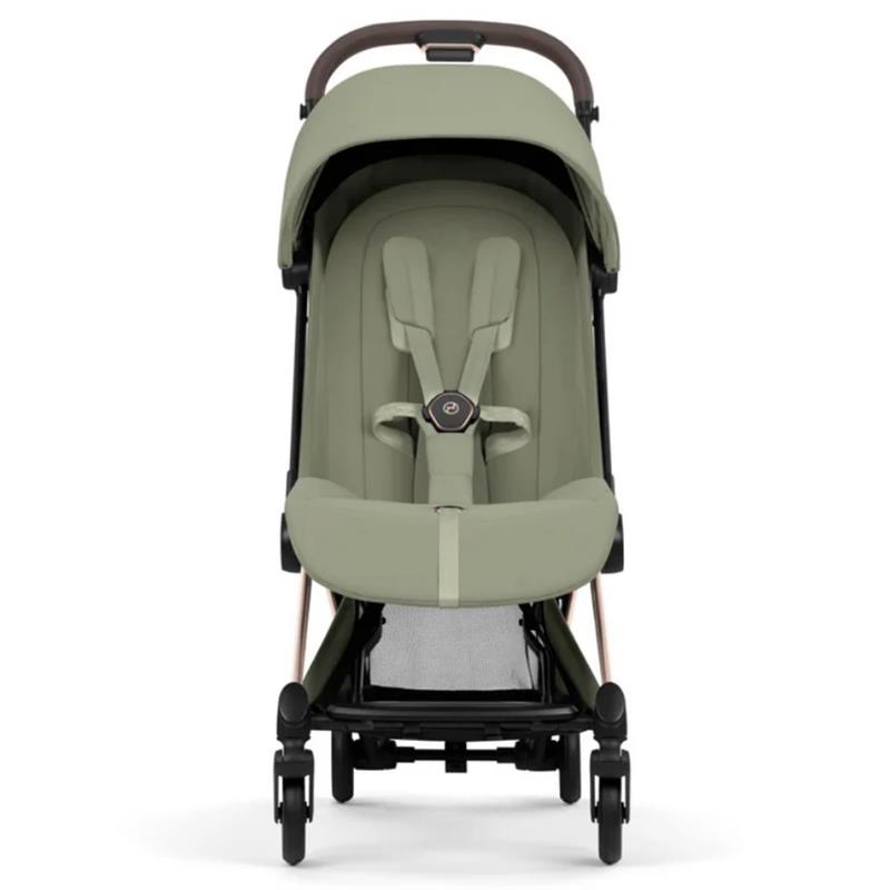 Cybex Platinum Coya Stroller with a rose gold frame and sage green lux seat, featuring a secure harness and compact design.