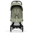 Cybex Platinum Coya Stroller with a rose gold frame and sage green lux seat, featuring a secure harness and compact design.