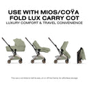 Cybex Platinum Coya Stroller displaying three stages: carry cot, seat mode, and compact fold for easy storage.