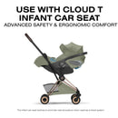 Cybex Platinum Coya stroller in rose gold with sage green lux seat, featuring a reclined infant car seat design.