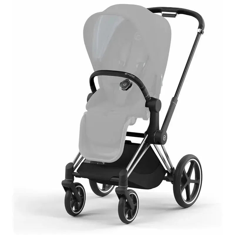 Cybex Priam 4 stroller frame in chrome and black, featuring a minimalist design and four wheels.