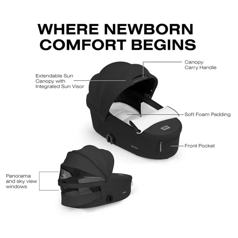 Cybex Priam Fold Lux Carry Cot in Sepia Black featuring extendable sun canopy, soft foam padding, and front pocket.