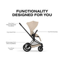 Cybex Priam stroller with a matte black frame and cozy beige seat, featuring adjustable handlebars and a spacious basket.