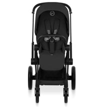 Cybex Priam stroller features a matte black frame and a sepia black lux seat, designed for infant comfort and safety.