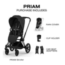 Cybex Priam stroller in matte black frame with sepia black lux seat, featuring included rain cover, cup holder, and car seat adapters.
