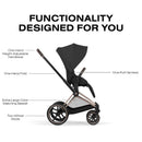 Cybex Priam stroller features a rose gold frame and sepia black lux seat, highlighting its adjustable handlebar and one-pull harness.