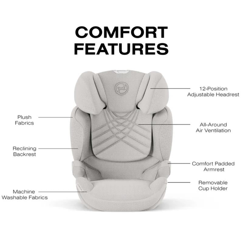 High-back booster seat in City Grey with plush fabrics, adjustable headrest, reclining backrest, and removable cup holder.