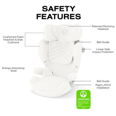 Cybex Solution T High-Back Booster Seat in off-white, highlighting safety features including cushioned foam headrest, belt guide, and energy-absorbing shell.