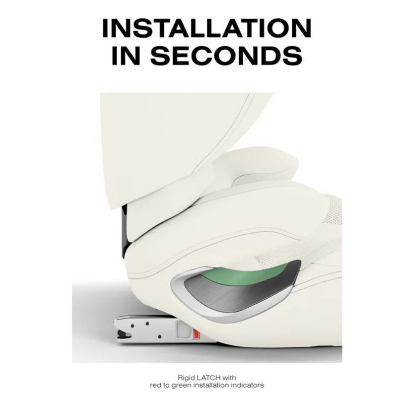 Cybex Solution T High-Back Booster Seat in Off White, highlighting LATCH system with red to green installation indicators.