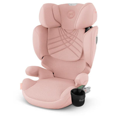 High-back booster seat in peach pink with patterned fabric and a cup holder, designed for child safety in vehicles.