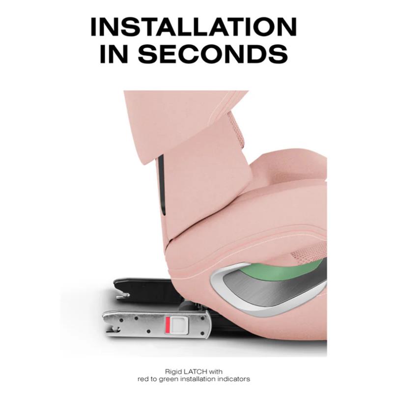 Cybex Solution T High-Back Booster Seat in Peach Pink with installation instructions and LATCH indicators.