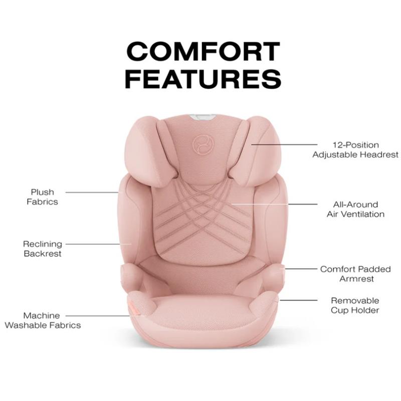 Cybex Solution T High-Back Booster Seat in Peach Pink featuring plush fabrics, adjustable headrest, and removable cup holder.