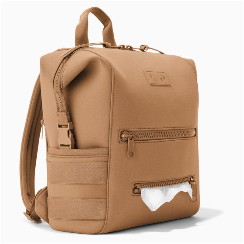 Camel-colored Dagne Dover Indi Diaper Backpack with zippers and a tissue pocket, designed for convenience and style.