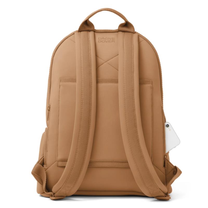 Large camel-colored Dagne Dover Dakota Backpack featuring padded straps and exterior pockets.