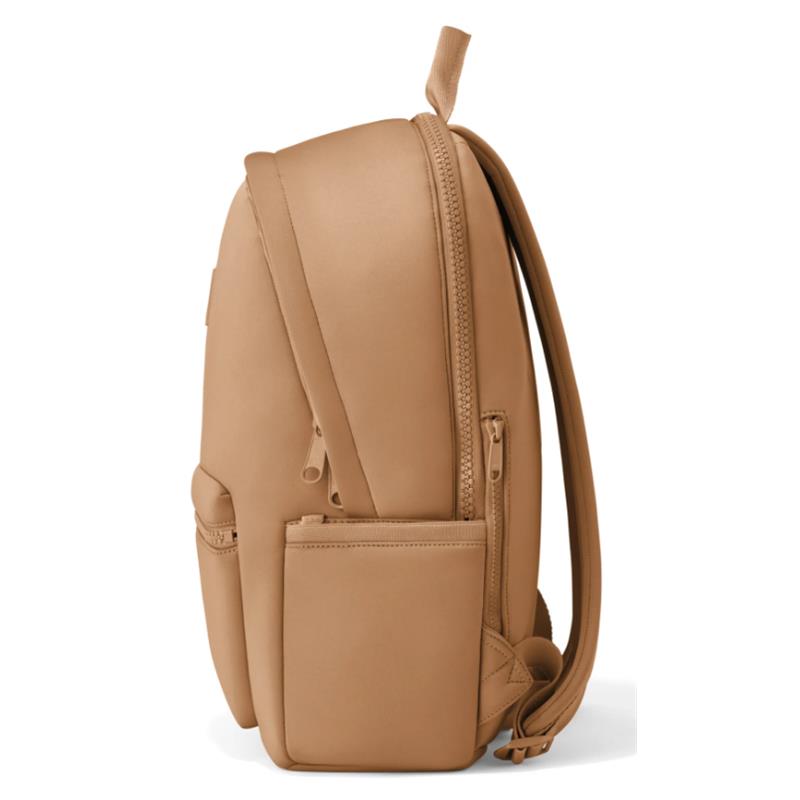Large camel-colored Dagne Dover Dakota Backpack showing a side view with visible zippers and front pockets.