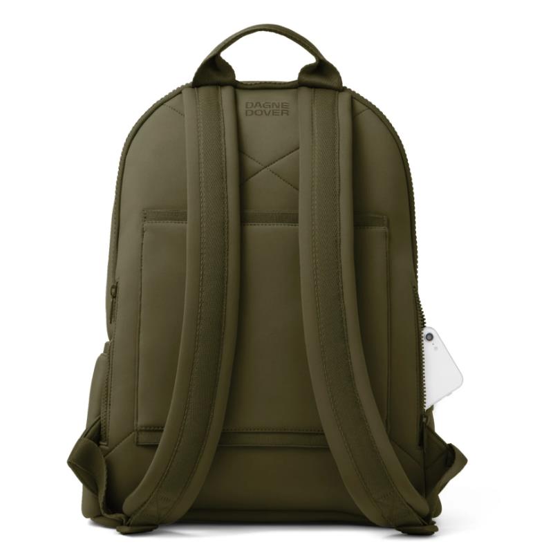 Dagne Dover Dakota Backpack in Dark Moss, featuring sleek design, padded straps, and a side pocket for a phone.