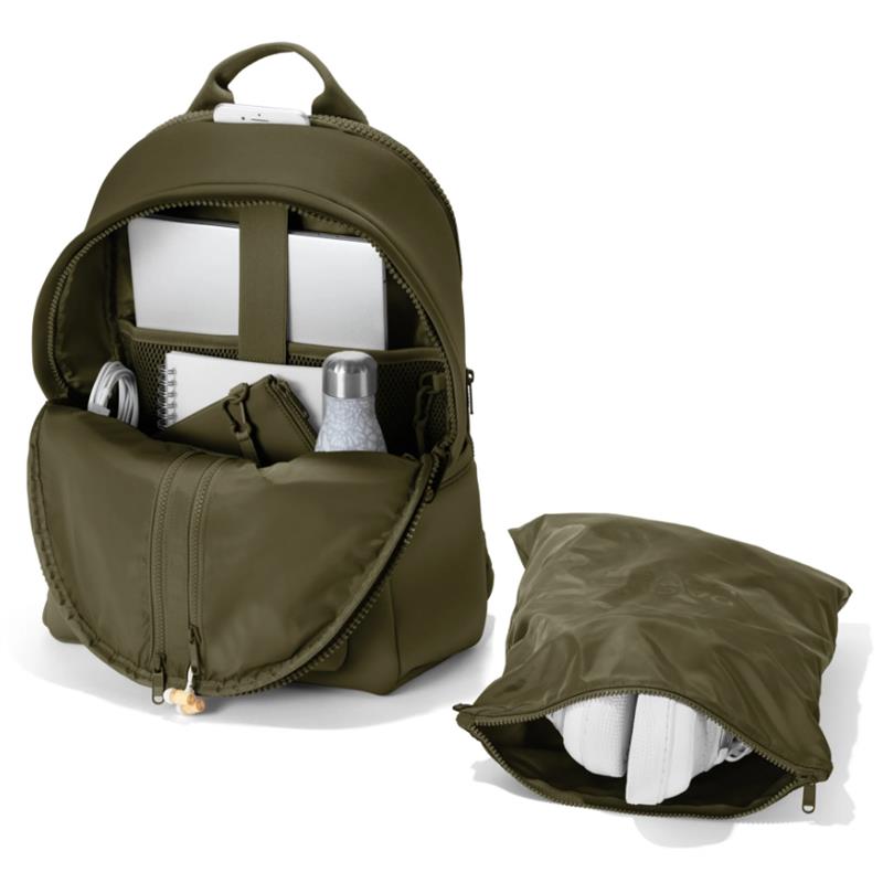 Dagne Dover Dakota Backpack in dark moss, large, showing interior with a water bottle, notebook, and small pouch.