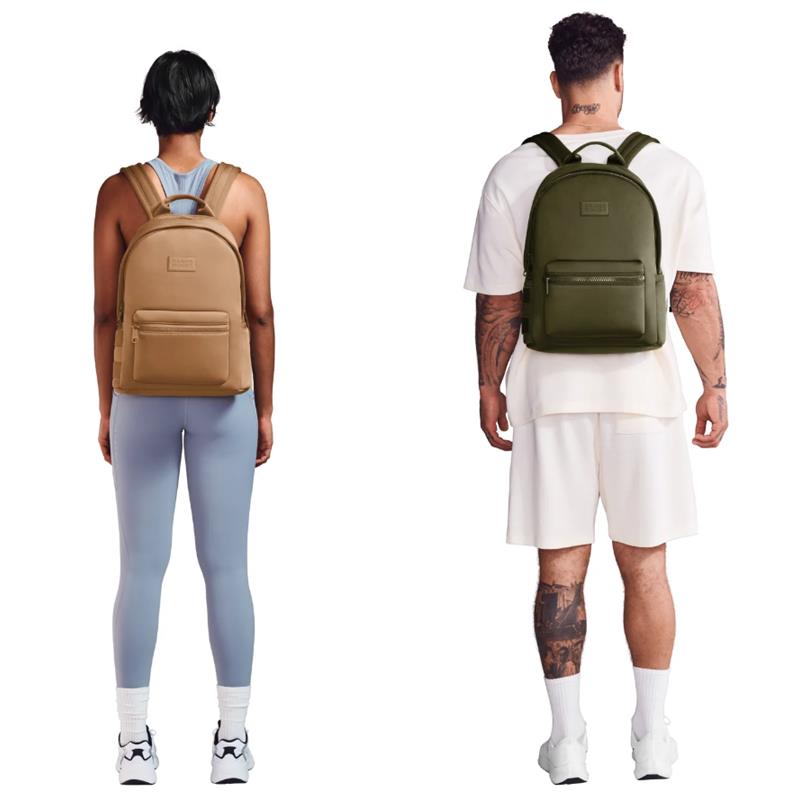 Large Dagne Dover Dakota Backpack in Dune, shown on a model wearing athletic wear, and an olive green version on another model.