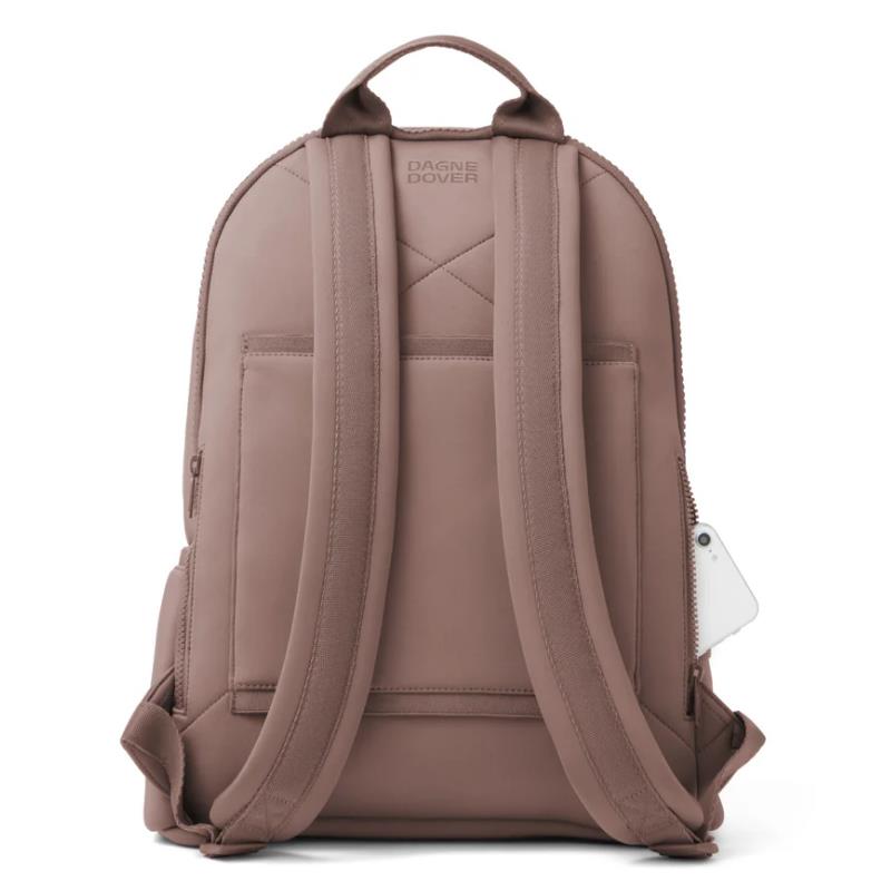 Large Dagne Dover Dakota Backpack in Dune color, featuring adjustable straps and a side pocket with a phone visible.