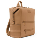 Large camel-colored Dagne Dover Indi Diaper Backpack featuring zippers and structured design for practicality.