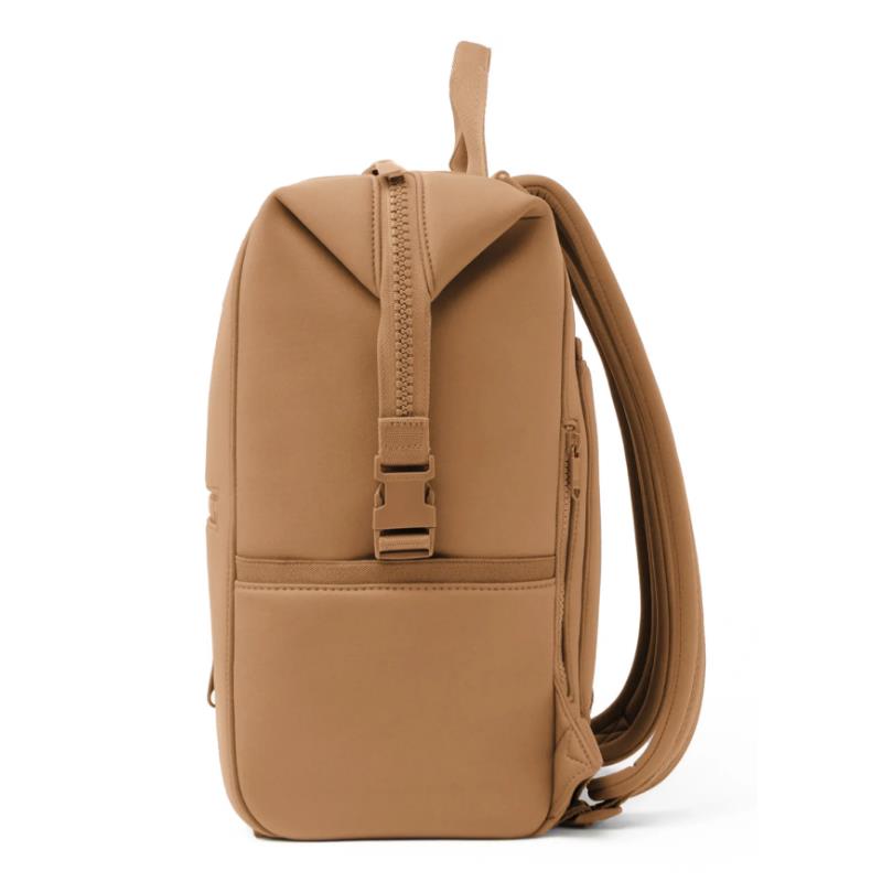 Large camel-colored Dagne Dover Indi Diaper Backpack featuring a top zipper and adjustable straps.