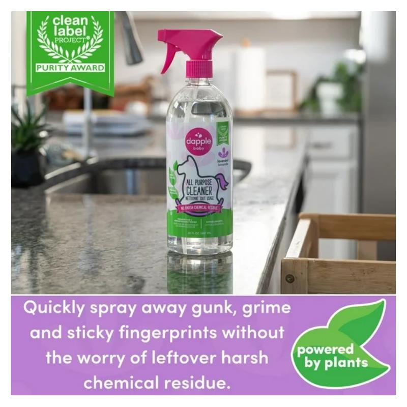 Dapple All Purpose Cleaner Spray in lavender scent, 30 oz, on a countertop with a clean label and usage instructions.